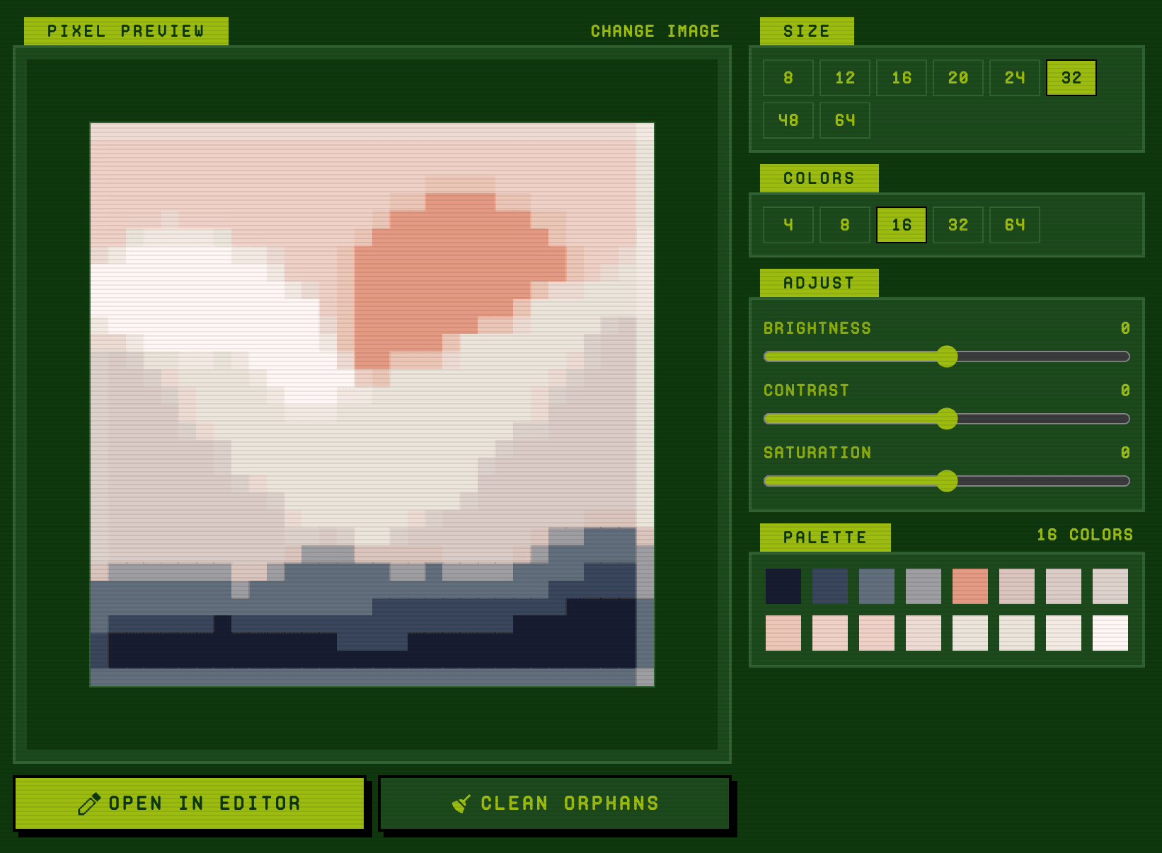 Image to Pixel Art Converter interface showing live preview, size and color palette controls, brightness contrast saturation sliders, and generated pixel art output